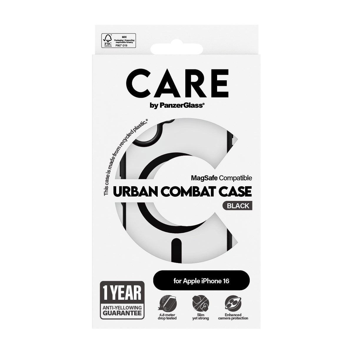 CARE by PanzerGlass® Flagship Case Transparent Urban Combat m. Schwarz Rahmen & MagSafe iPhone 16
